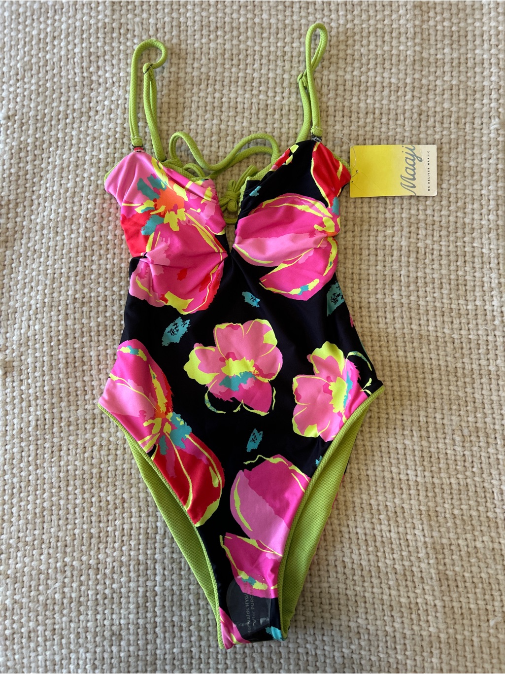 Maaji Black One-Piece Swimsuit Reversible With Hot Pink Floral And Lime Trim
